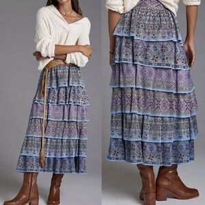 Cecilia Prado x Anthropologie NWT Tiered Blue Pink Abstract Knit Maxi Skirt S